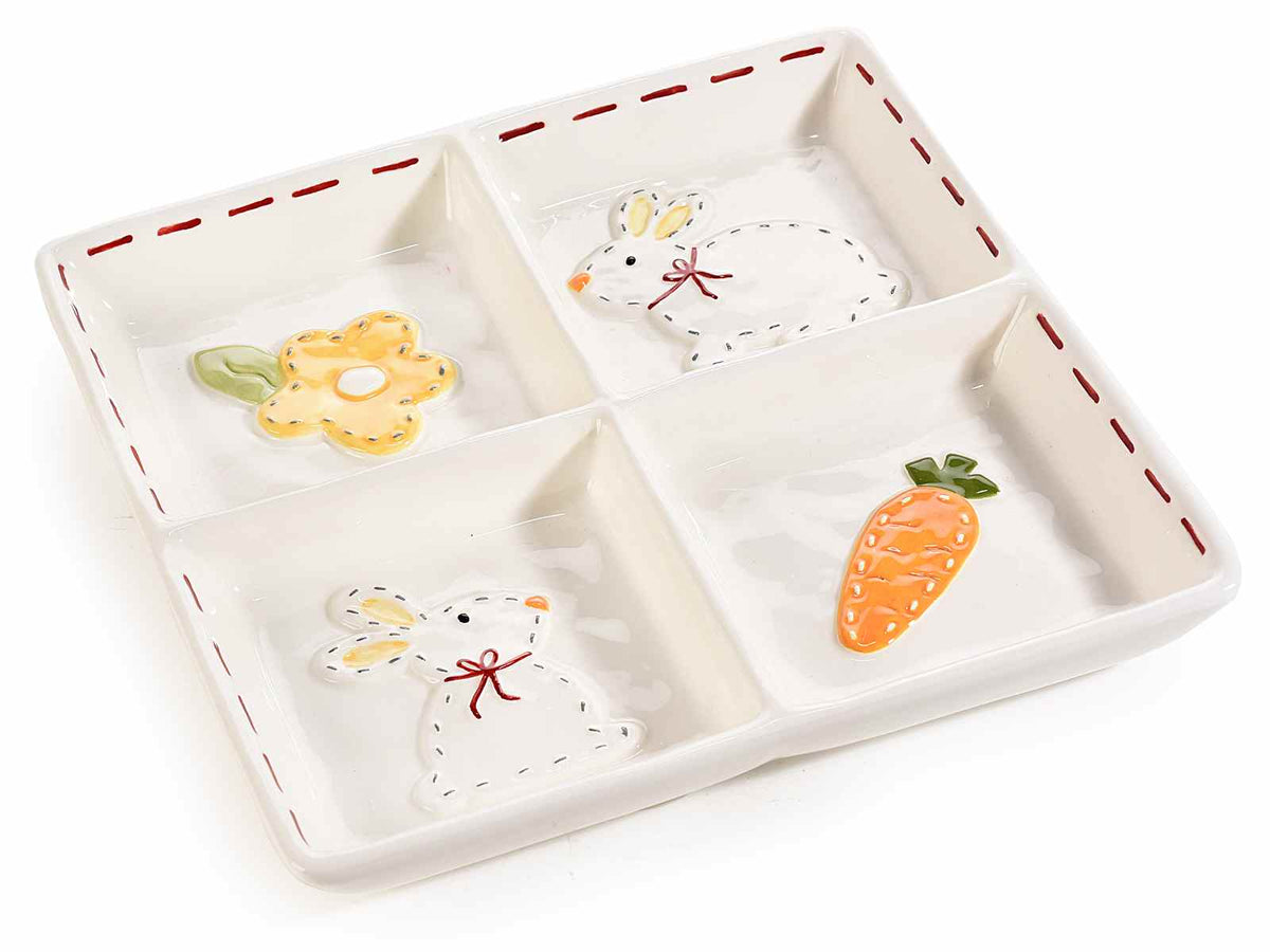 Vassoi di Pasqua in ceramica alimentare con 4 scomparti e decori, set da 2 pezzi, cm 20 x 20 H