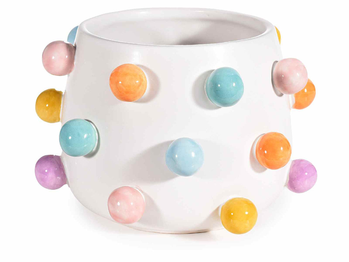 Vasetti in ceramica bianchi con decorazioni a pompon colorati in rilievo, set da 2 pezzi, Ø 18,5 cm x 12 H