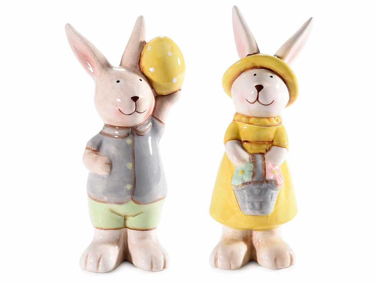 Coniglietti pasquali in ceramica lucida colorata da appoggiare, set da 6 pezzi, cm 6 x 6 x 13 H