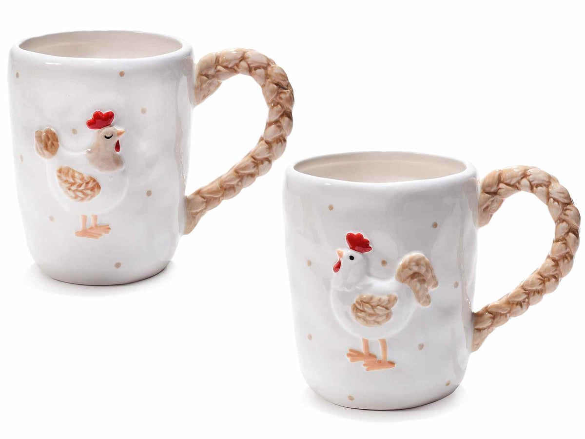 Tazze in ceramica ad effetto martellato con decoro a gallina in rilievo e pois, set da 4 pezzi, Ø 9 cm x 11 H
