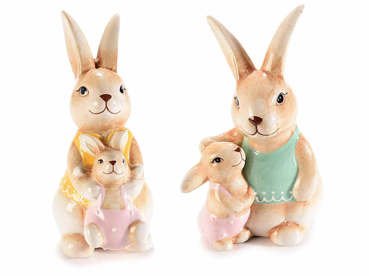 Coppia di conigli con baby conigli in ceramica colorata, set da 4 pezzi, cm 9 x 7,5 x 14,5 H