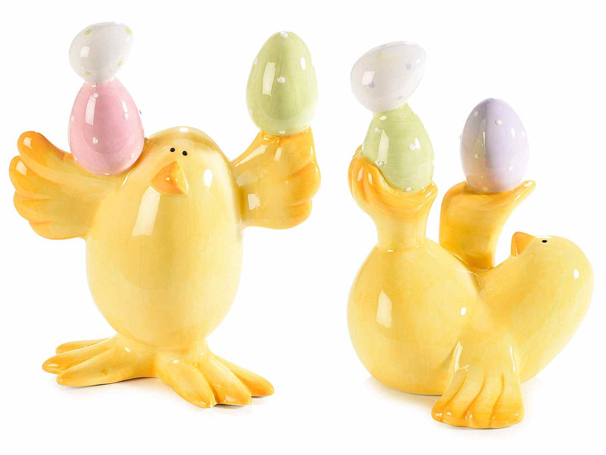 Pulcini di Pasqua giocolieri con uova in ceramica colorata da appoggiare, set da 4 pezzi, cm 11,5 x 7,5 x 14,5 H