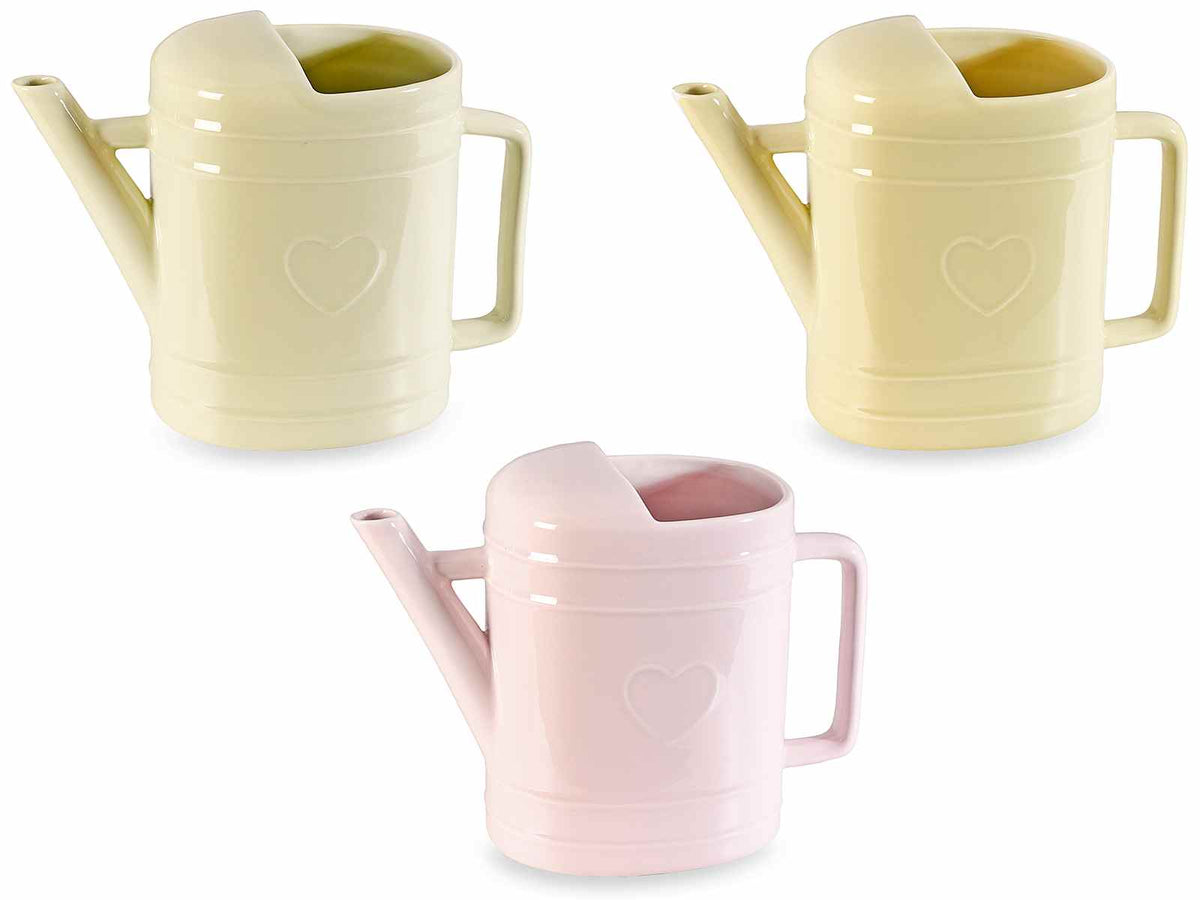 Vasi a forma di innaffiatoio in ceramica lucida in colore pastello con cuore, set da 3 pezzi, cm 25 x 12,5 x 19,5 H