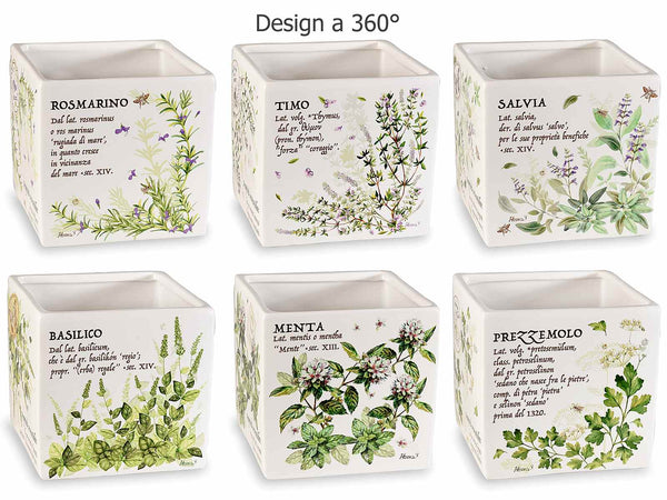 Vasi quadrati in ceramica con decori e scritte piantine aromatiche, set da 6 pezzi, cm 14 x 14 x 14 H