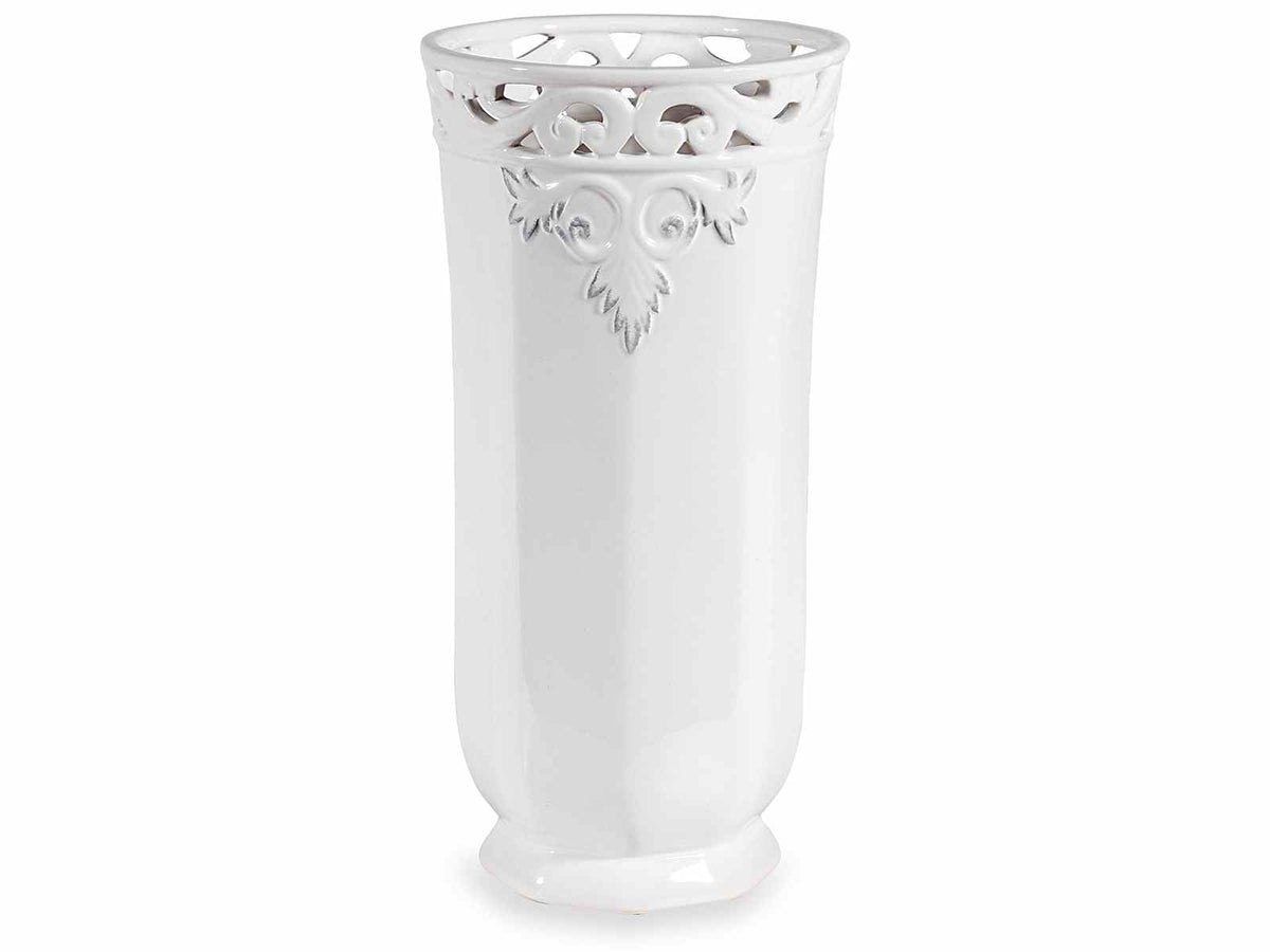 Vasi in ceramica bianca lucida con bordo decorato e rilievo, set da 2 pezzi, Ø 15 cm x 29,5 H