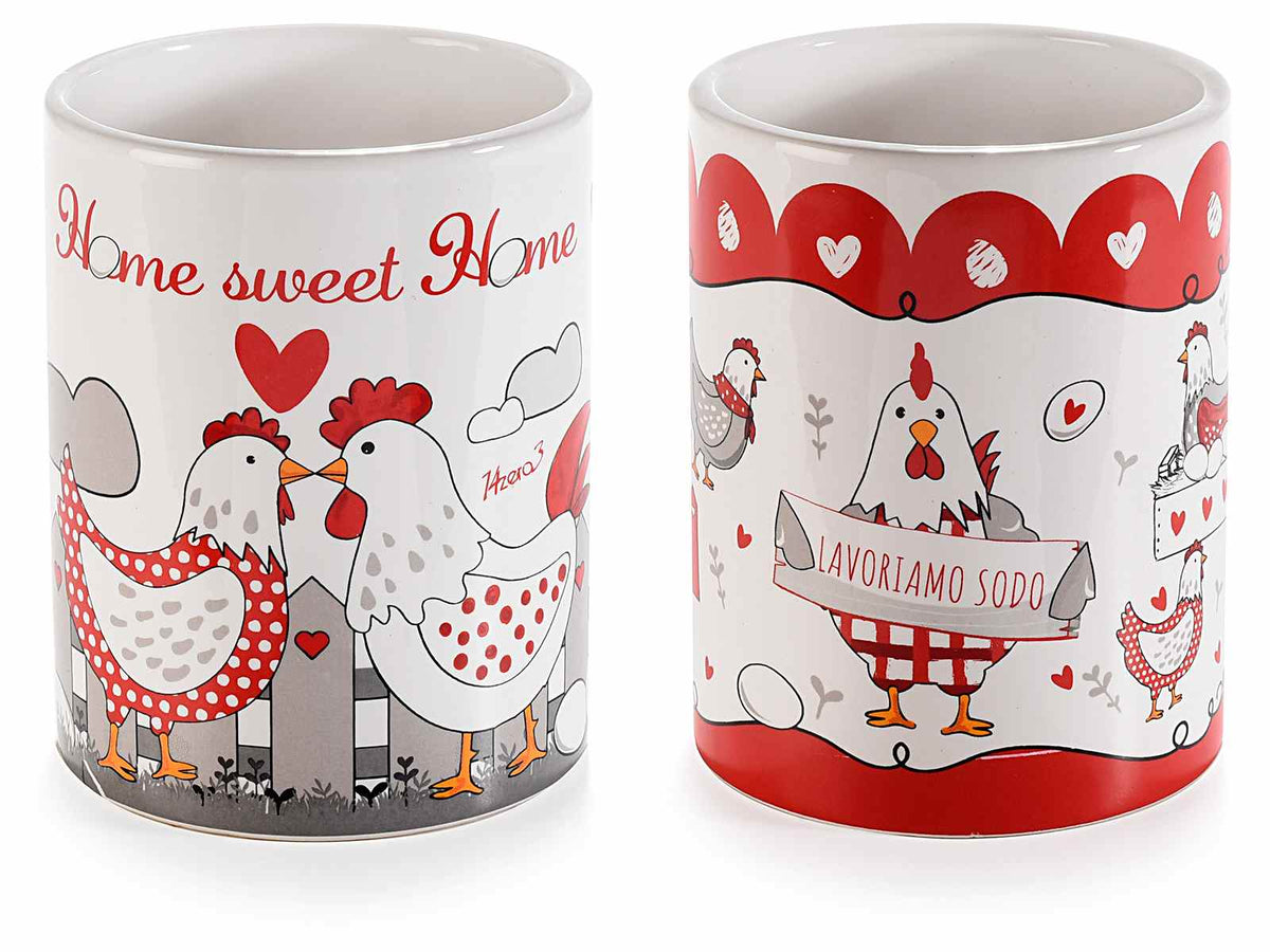 Porta utensili da cucina in ceramica con stampa gallinella e scritta home sweet, set da 4 pezzi, Ø 10,5 cm x 13,5 H