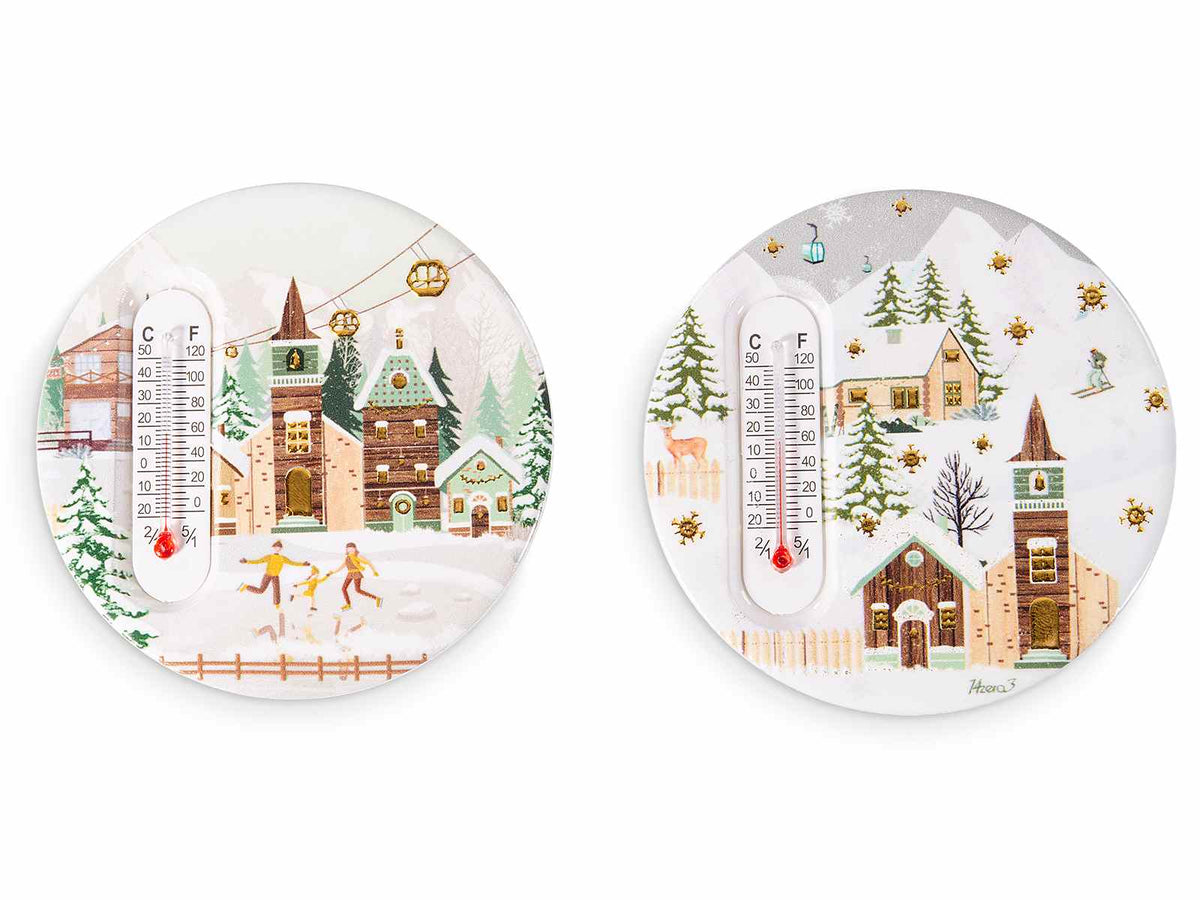 Magneti in ceramica lucida con termometro e decorazioni natalizie a paesaggio, set da 24 pezzi, Ø 8 cm