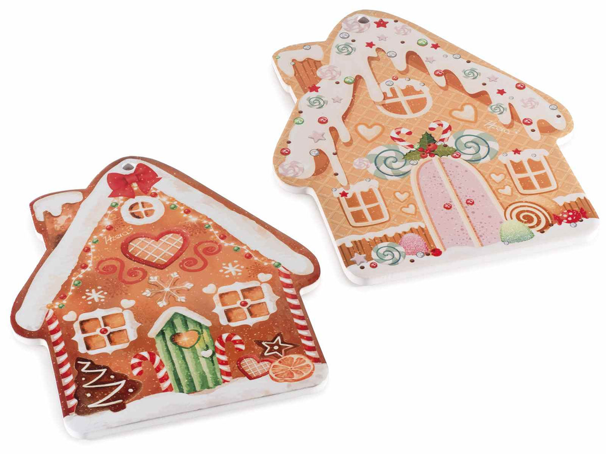 Sottopentola di Natale a casetta pan di zenzero in ceramica con base, set da 6 pezzi, cm 18 x 22 H