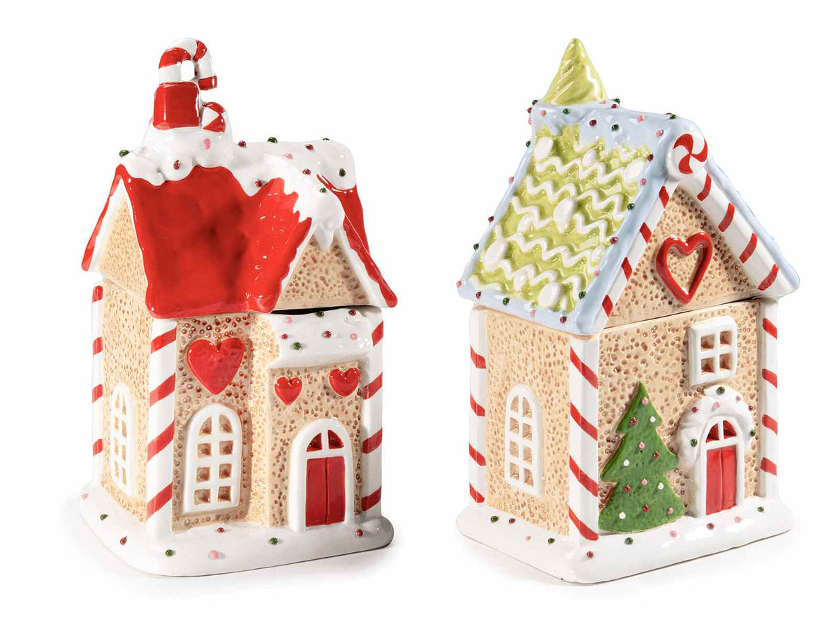 Barattoli / portadolci / biscottiere di Natale alimentari in ceramica a casetta, set da 2 pezzi, cm 12,5 x 11,5 x 22,5 H