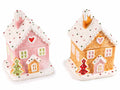 Set di 4 biscottiere / barattoli / contenitori portadolci adatti al contatto alimentare a forma di casetta pan di zenzero con decoro dolcetti, cm 11 x 10,5 x 15 H