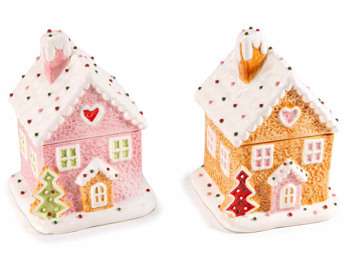 Set di 4 biscottiere / barattoli / contenitori portadolci adatti al contatto alimentare a forma di casetta pan di zenzero con decoro dolcetti, cm 11 x 10,5 x 15 H