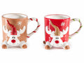 Set di 4 tazze di Natale a renna con piedini e decori in rilievo, realizzate in ceramica, Ø 8,5 cm x 10 H