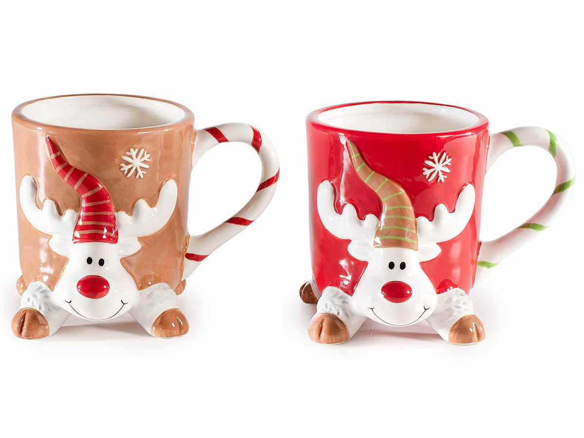 Set di 4 tazze di Natale a renna con piedini e decori in rilievo, realizzate in ceramica, Ø 8,5 cm x 10 H