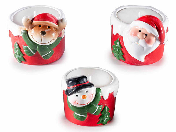 Set di 12 candele di Natale in vasetto di ceramica con personaggio natalizio a renna / pupazzo di neve / babbo natale, cm 5,5 x 6,5 x 5,5 H