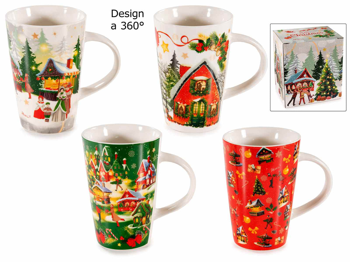 Tazze con decori paesaggio natalizio realizzate in porcellana, in confezione, set da 4 pezzi, Tazza: Ø 8,5 cm x 12,5 H