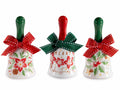 Campanelle natalizie in ceramica con fiocco e decori in rilievo stelle di Natale e bacche, set da 6 pezzi, Ø 5 cm x 10 H