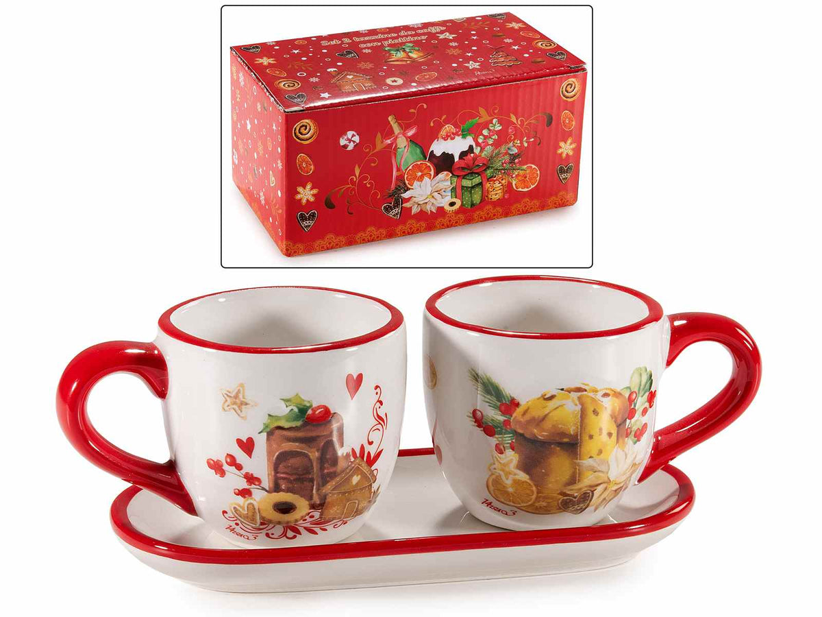 Tazzine natalizie in ceramica con piattino / vassoio con stampa dolcetti, set da 4 pezzi, Tazzina: Ø 6,5 cm x 6 H