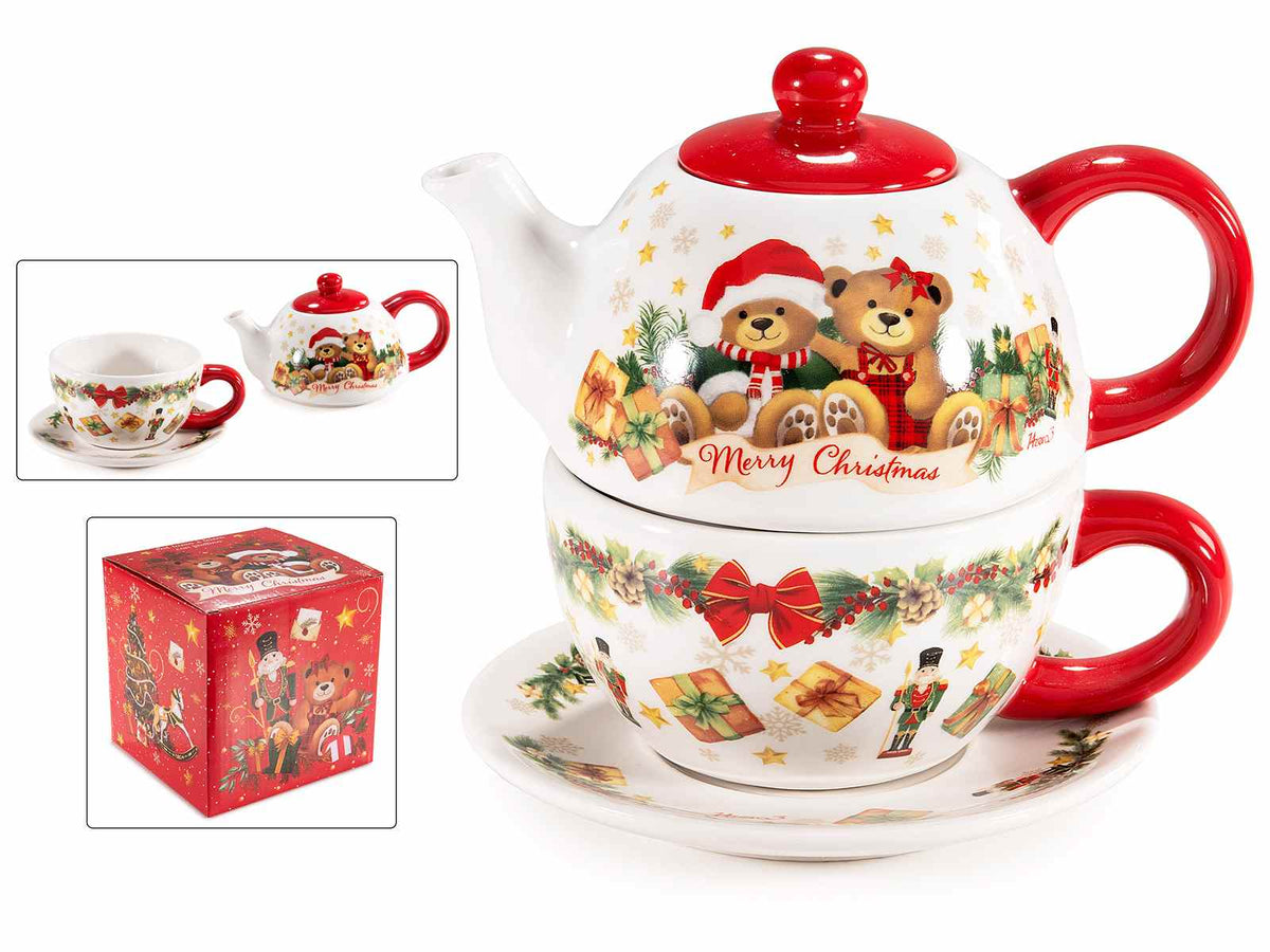 Set tazza e teiera di Natale realizzate in ceramica con decori orsetti, scritta, set da 2 pezzi, cm 17,5 x 11,5 x 16 H
