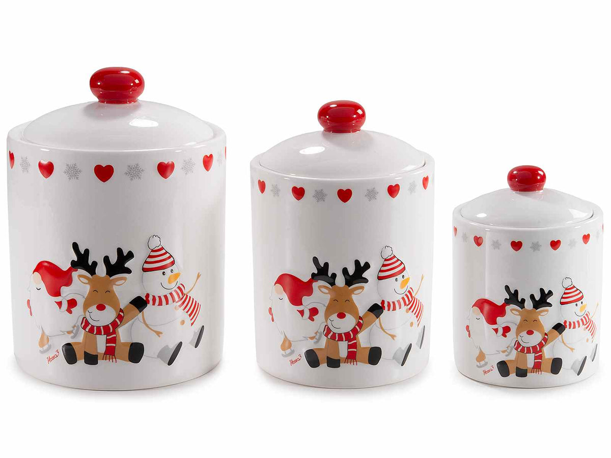 Barattoli / contenitori / biscottiere porta dolci alimentari di Natale in ceramica con stampa Babbo Natale, renna e pupazzo di neve, Grande: Ø 14,5 cm