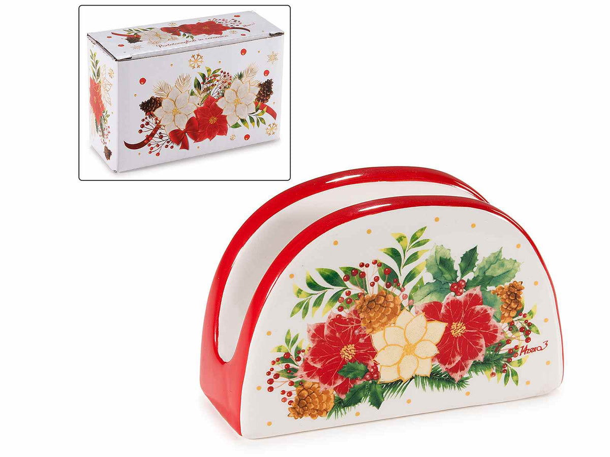 Portatovaglioli di Natale con stampa a tema in ceramica colorata, in scatola, set da 8 pezzi, cm 11,5 x 4,5 x 7 H