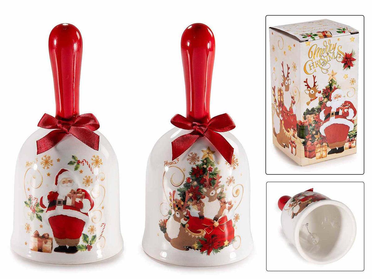 Campanelle di Natale in ceramica con fiocco e decoro natalizio, in confezione, set da 6 pezzi, Ø 7 cm x 14,5 H