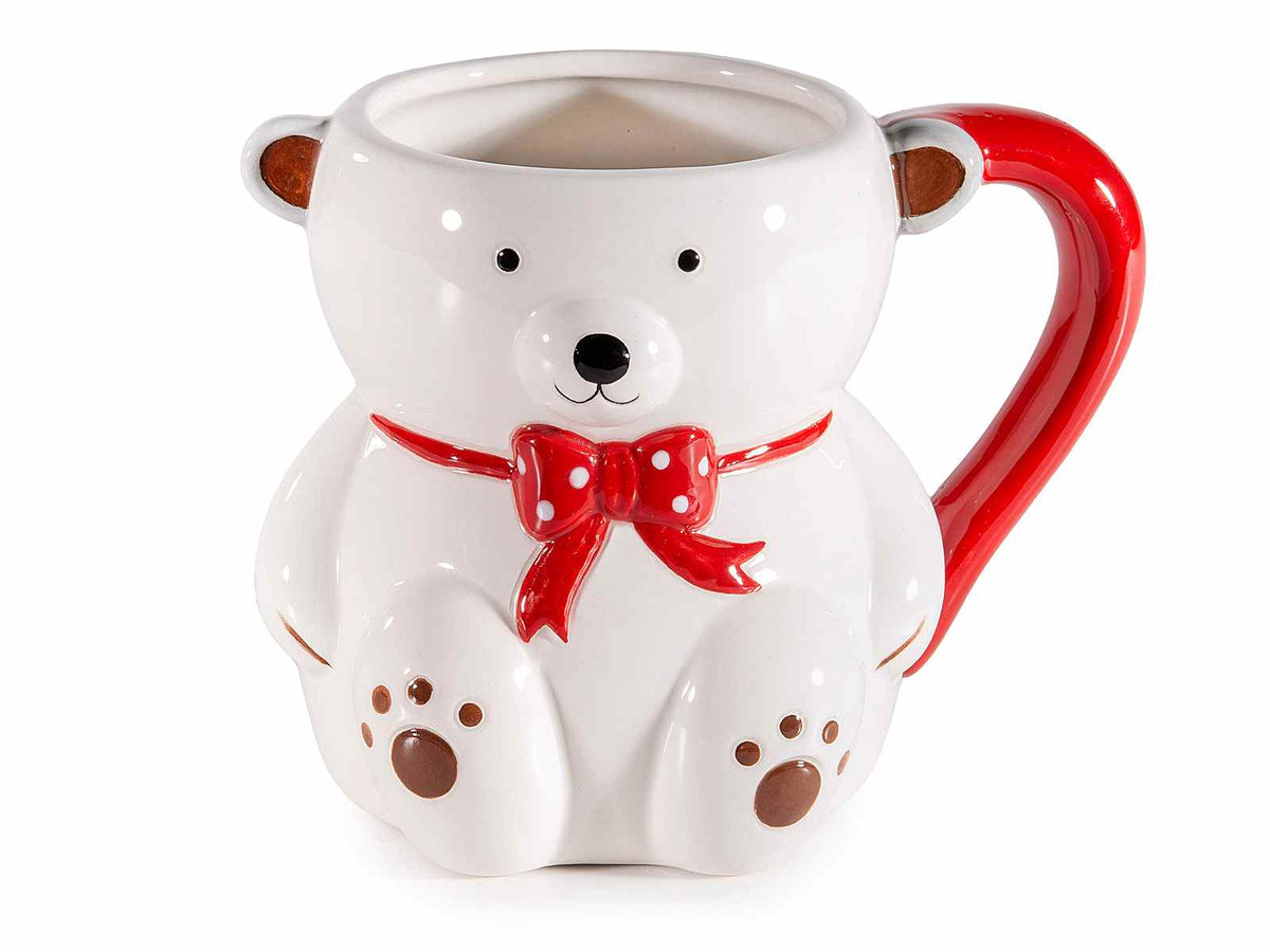 Tazze a forma di orsetto seduto in ceramica bianca con fiocco e decori colorati, set da 4 pezzi, Ø 10,5 cm x 10,5 H