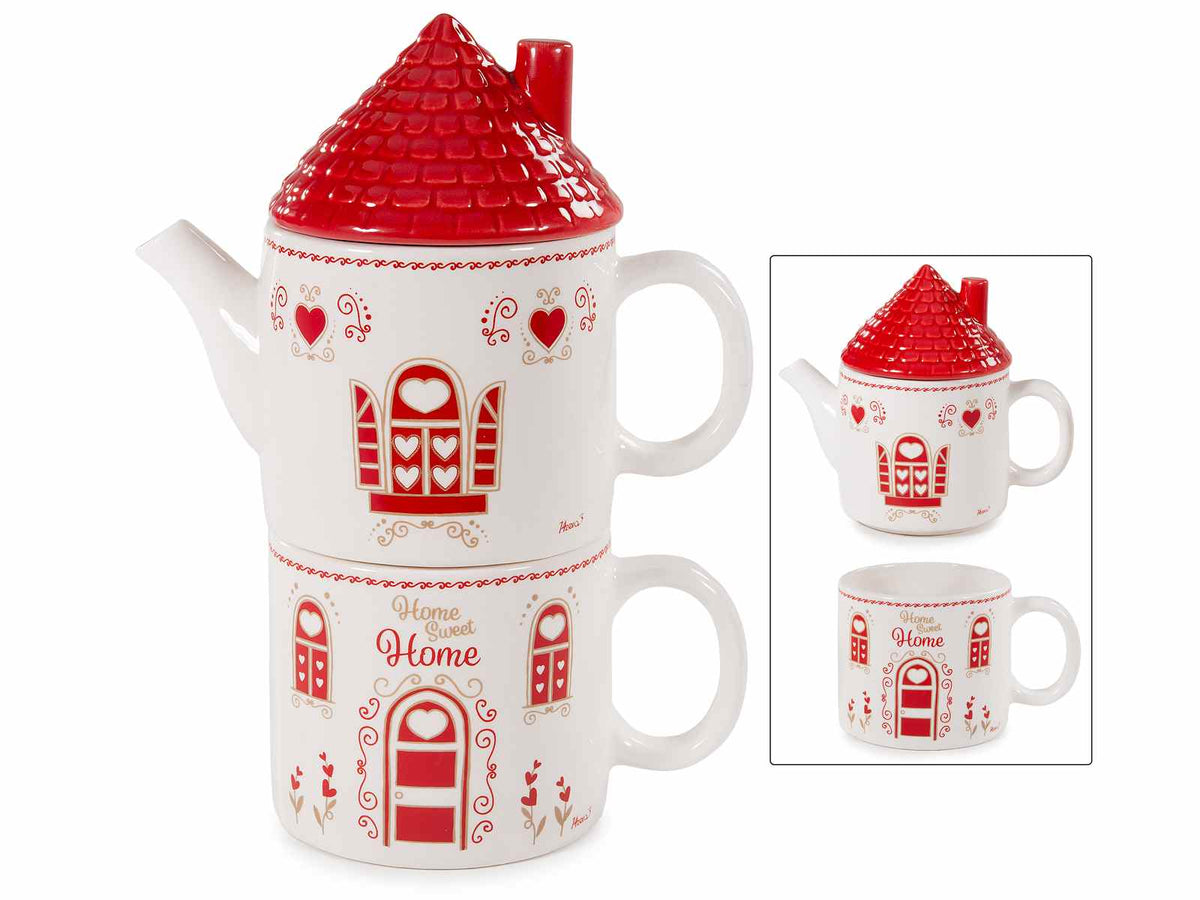 Set tazza e teiera a forma di casetta in ceramica con coperchio a tettuccio, set da 2 pezzi, cm 18 x 10 x 23,5 H