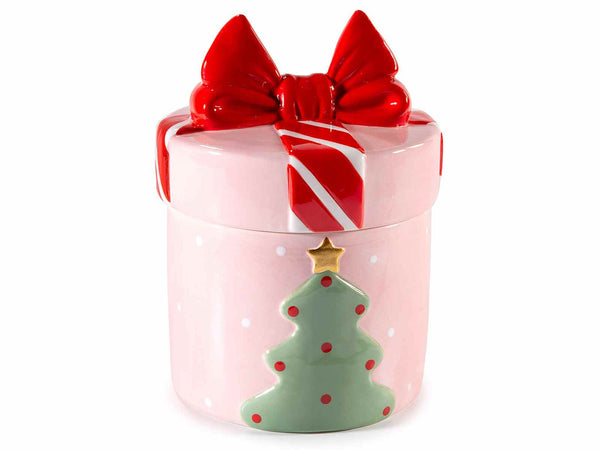 Set di 2 barattoli / portadolci / biscottiere di Natale alimentari in ceramica a pacchetto regalo con albero di Natale e fiocco su coperchio, Ø 15 cm x 20,5 H
