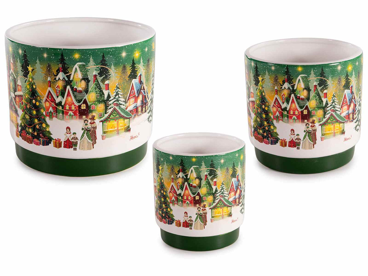 Set di 2 vasi di Natale in ceramica con decorazioni paesaggio natalizio, Grande: Ø 17,5 cm x 14,5 H