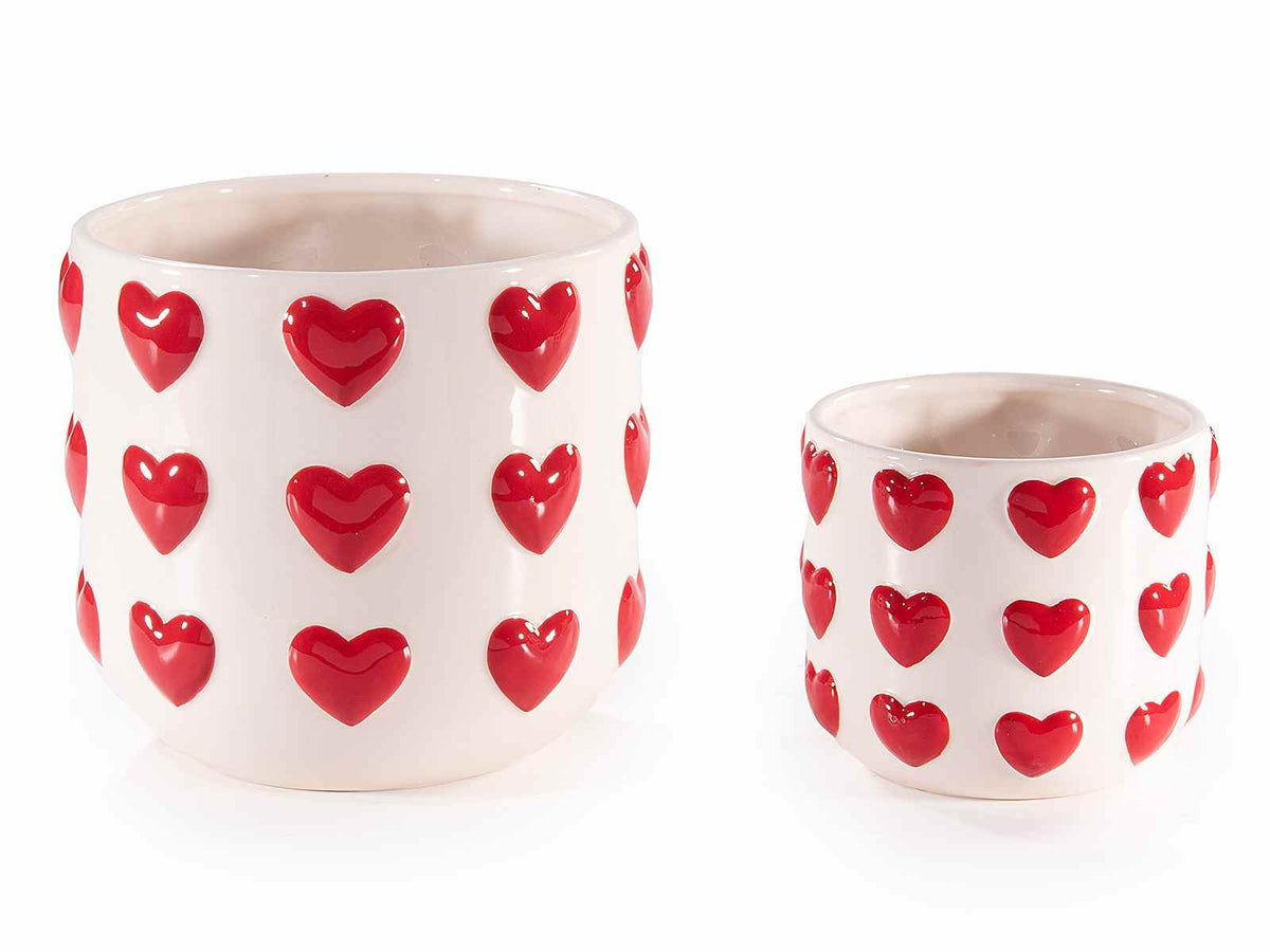 Vasi in ceramica bianca con cuori rossi in rilievo, per San Valentino e festa, set da 2 pezzi, Grande: Ø 16 cm x 15 H