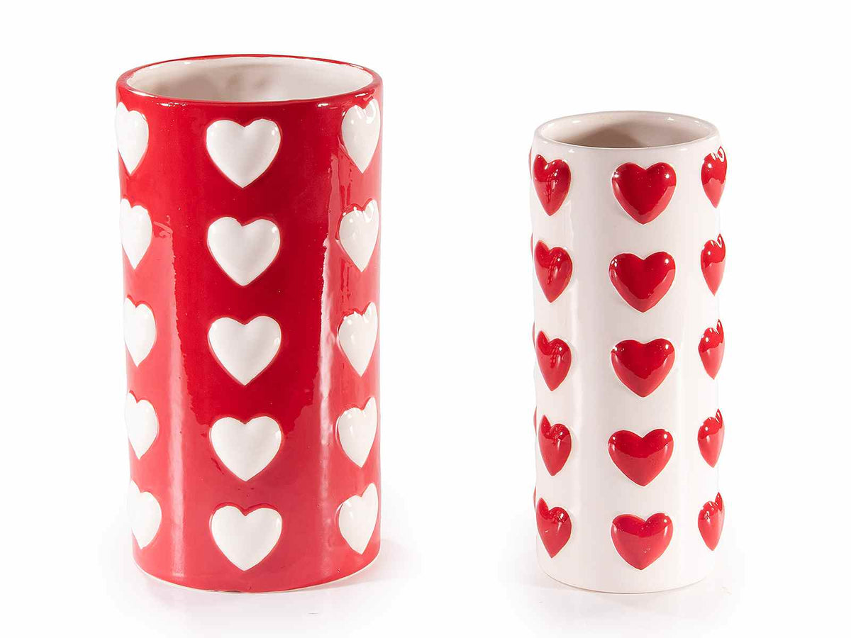 Vasi a cilindro in ceramica e cuori colorati in rilievo, per San Valentino, set da 2 pezzi, Grande: Ø 12,5 cm x 22,5 H