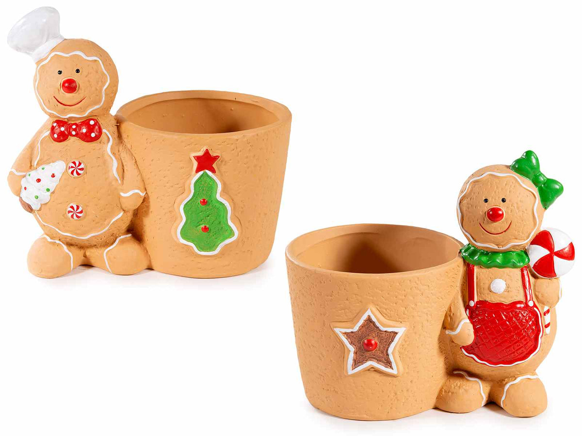 Vasetti di Natale in dolomite con pan di zenzero e dettagli in rilievo, set da 4 pezzi, cm 16,5 x 10,5 x 15 H