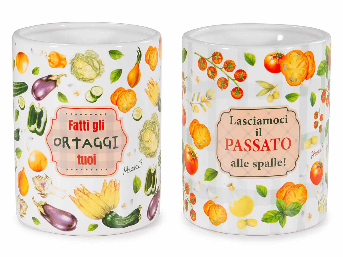 Porta utensili da cucina in ceramica decorata con stampa ortaggi e scritte, set da 4 pezzi, Ø 10,5 cm x 13,5 H