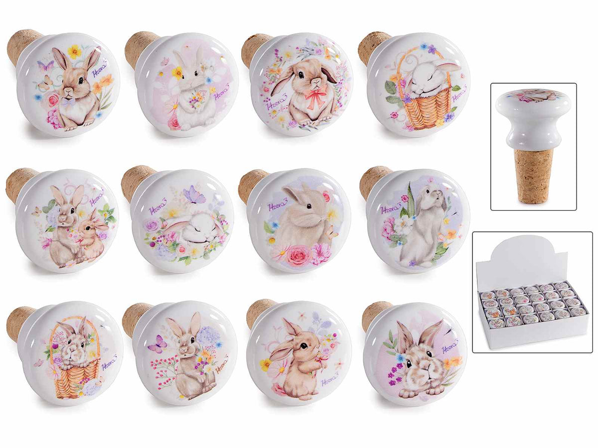 Tappi in sughero e ceramica con decori coniglietti pasquali in espositore da 24, set da 24 pezzi, Ø 4 cm x 3 H (con tappo 6)