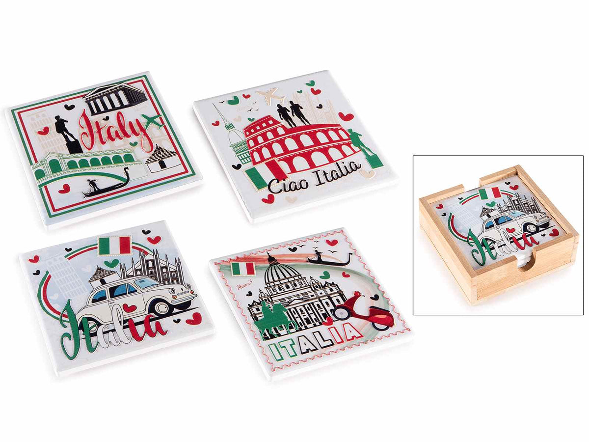 Sottobicchieri souvenir Italia in ceramica impilati in scatola in legno da 4, set da 3 pezzi, Sottobicchiere: 10 x 10 H