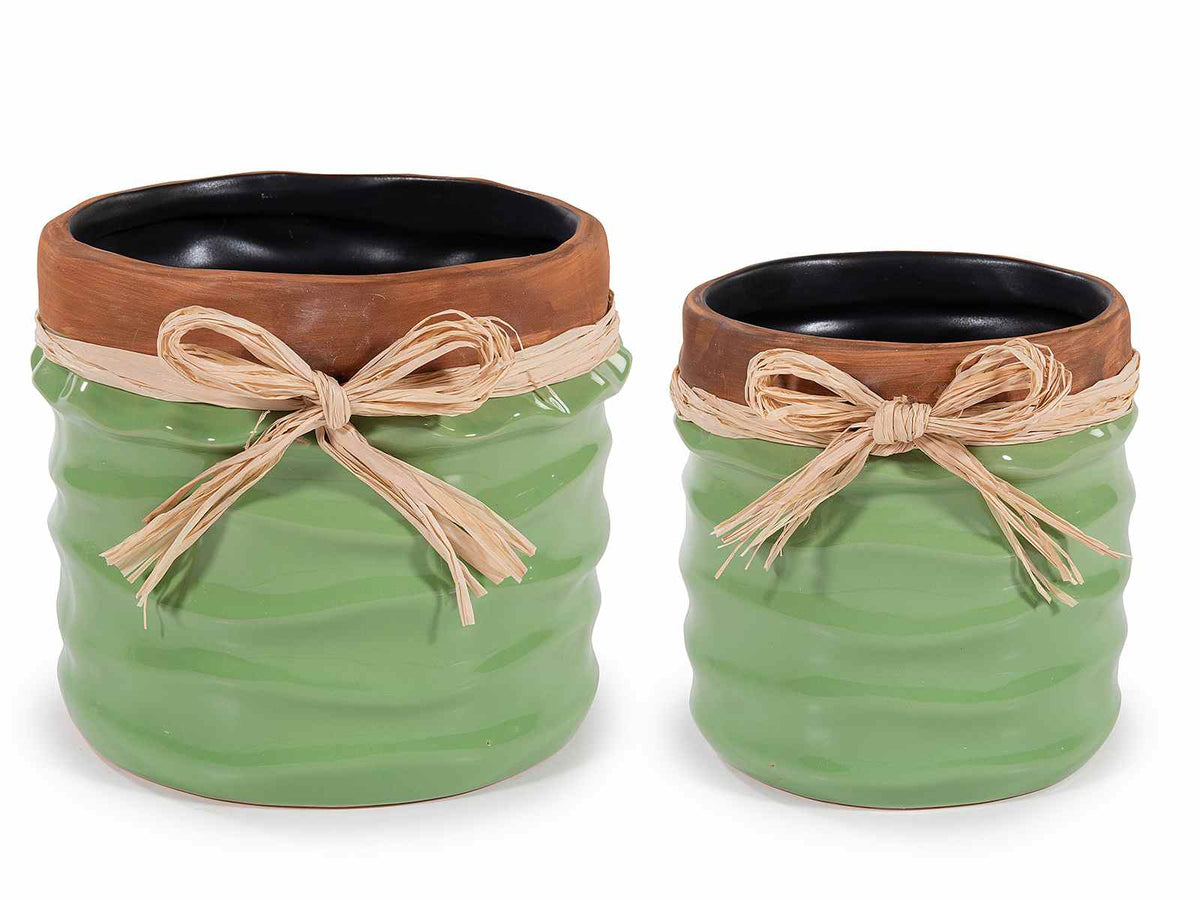 Vasi in ceramica ondulata con fiocco in rafia in set da due pezzi, set da 2 pezzi, Grande: Ø 15 cm x 13 H