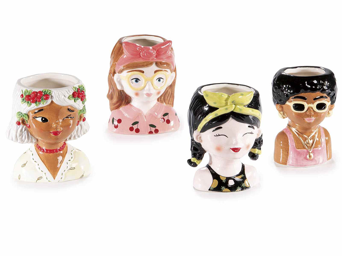 Vasi / portatrucchi a volto di donna in ceramica colorata lucida, set da 4 pezzi, Grande: cm 8,5x7,5x11,5 H