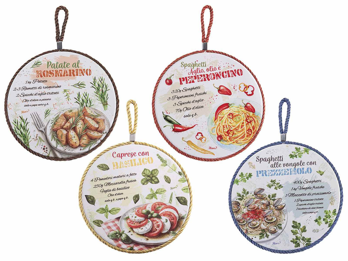 Sottopentola da cucina in ceramica con stampa ricette, base in sughero e corda, set da 8 pezzi, Ø 19