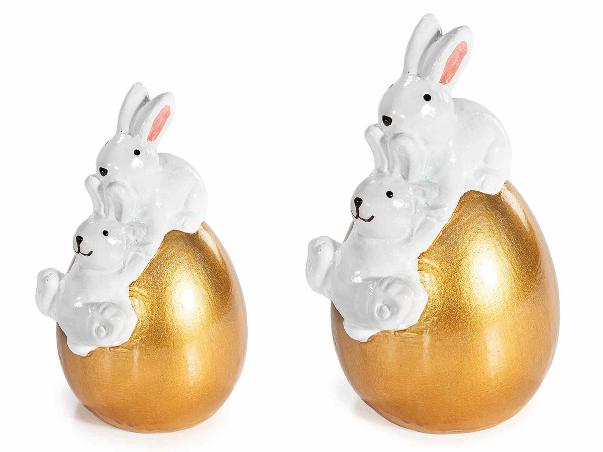 Coppie di coniglietti di Pasqua in ceramica seduti su uovo simil oro lucido, set da 2 pezzi, Grande: cm 9 x 7,5 x 14,5 H
