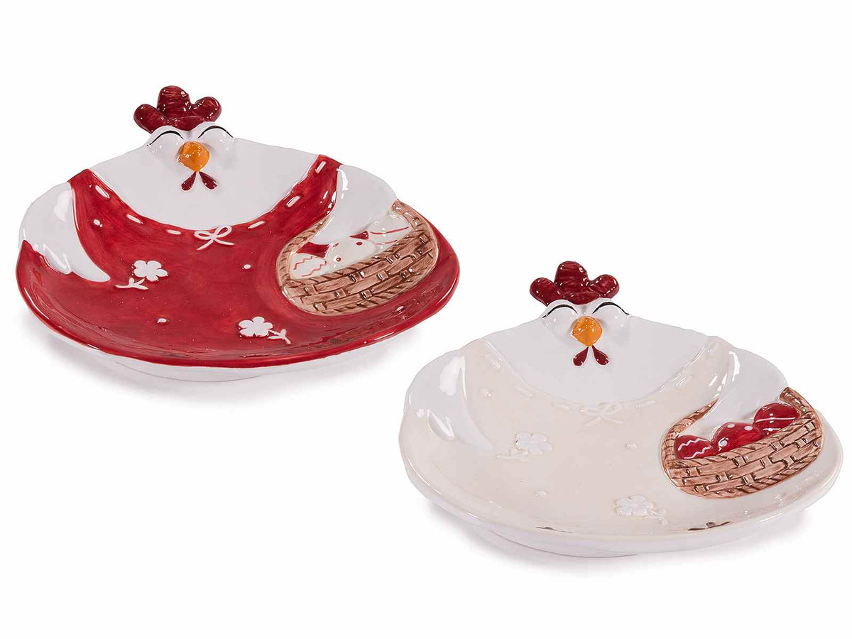 Piatti decorativi in ceramica a forma di gallina con cresta e con decori cesto, set da 4 pezzi, cm 20 x 21 H