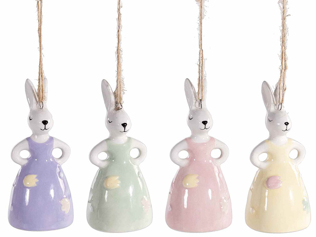Conigliette di Pasqua con vestito colorato pastello e fiori in rilievo, set da 8 pezzi, Ø 3,5 cm x 8 H