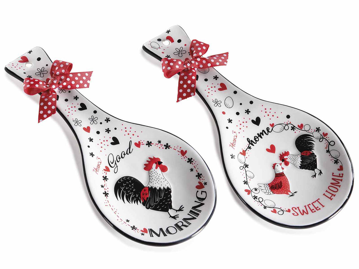 Poggiamestolo gallinelle in ceramica con scritta home sweet home con fiocco, set da 4 pezzi, cm 10,5 x 24 H