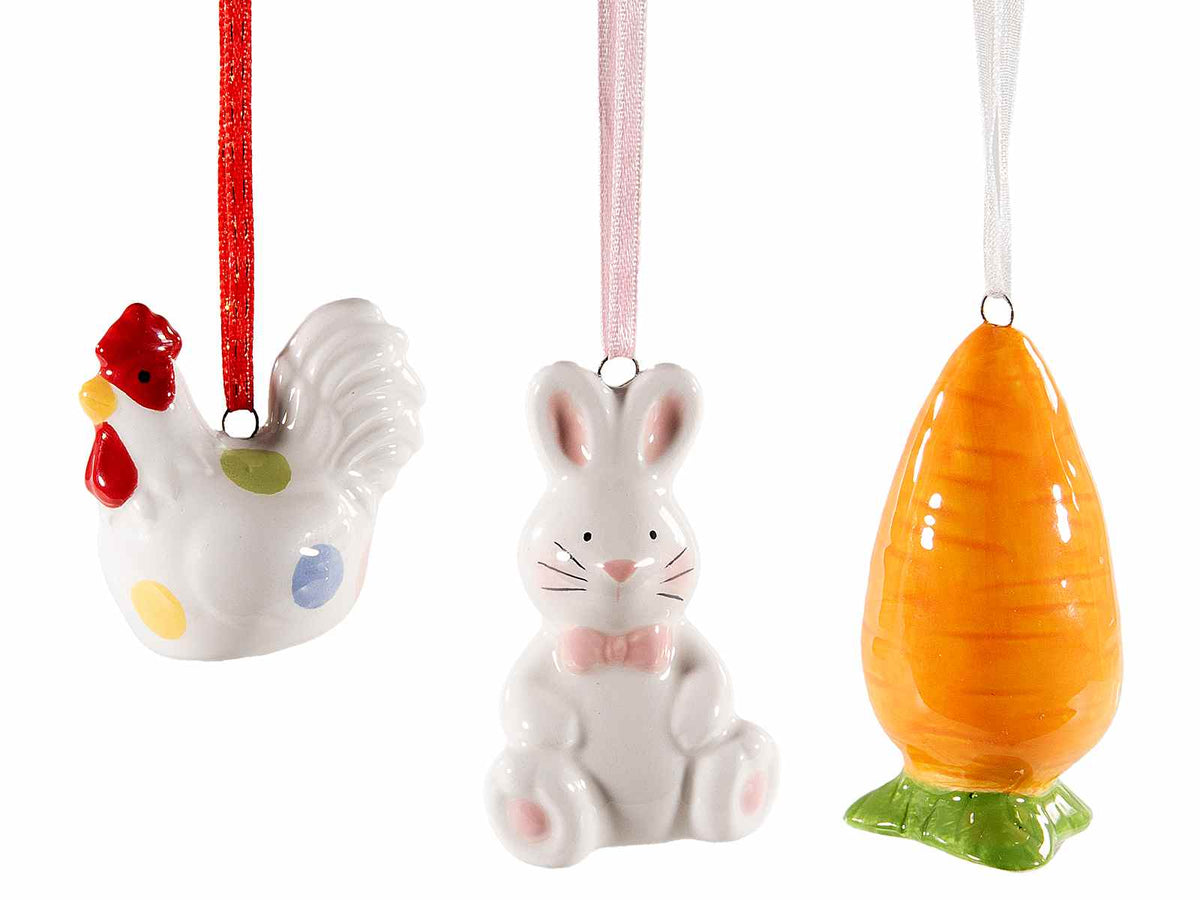 Decorazioni pasquali in ceramica da appendere con gallinella, coniglietto, set da 6 pezzi, Carota: Ø 3 cm x 6,5 H