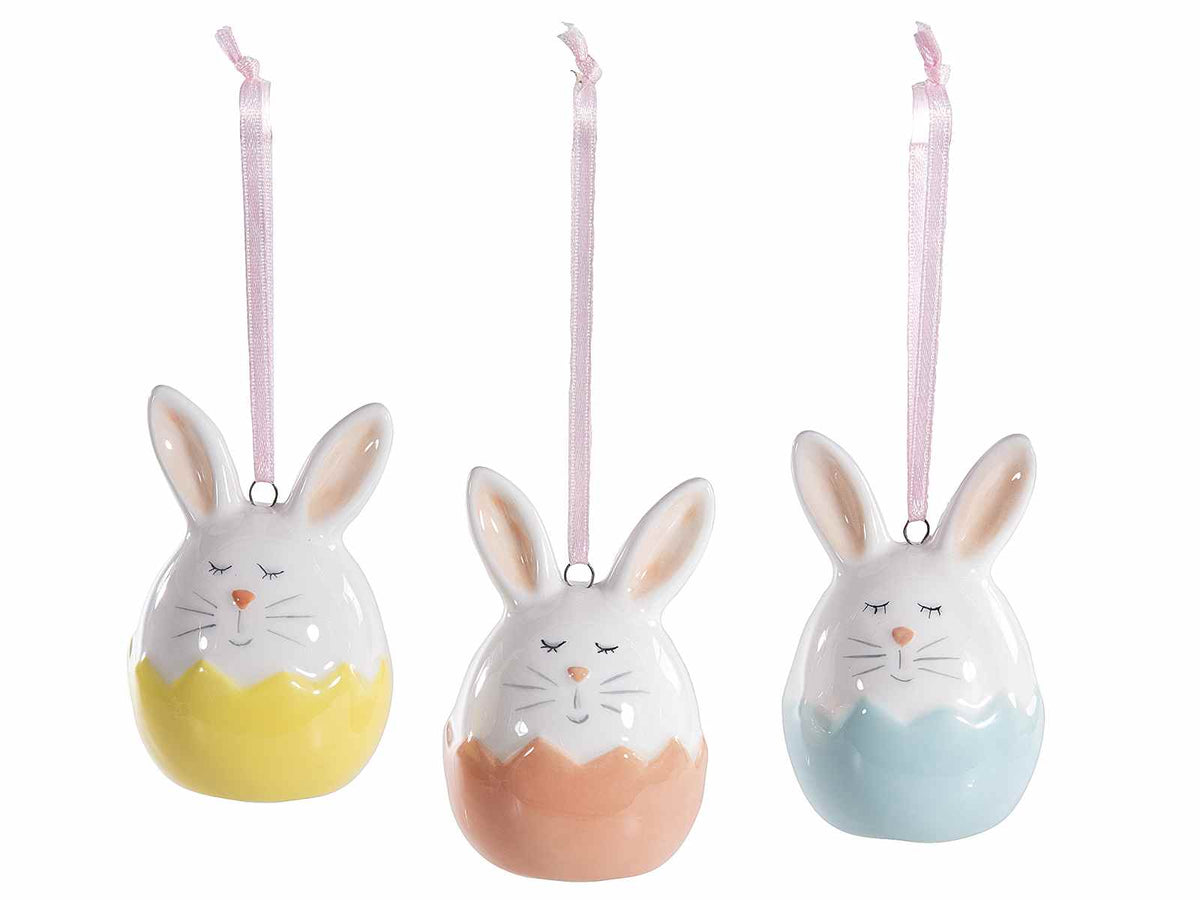 Coniglietti pasquali nell'uovo in ceramica da appendere, set da 6 pezzi, Ø 4,5 cm x 7 H