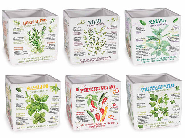 Vasi quadrati erbe aromatiche in ceramica con decori e scritte, set da 6 pezzi, cm 14 x 14 x 14 H