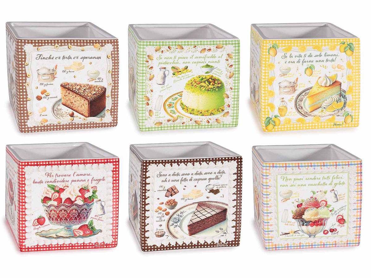 Vasi in ceramica di forma quadrata con scritte e decori torte / dolcetti, set da 6 pezzi, cm 14 x 14 x 14 H