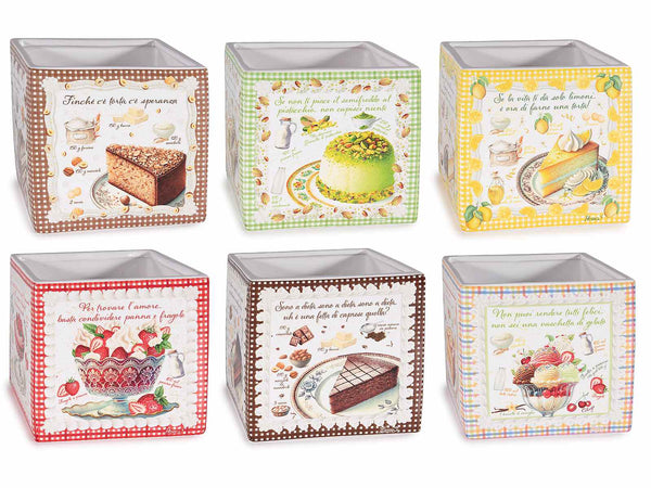 Vasi in ceramica di forma quadrata con scritte e decori torte / dolcetti, set da 6 pezzi, cm 14 x 14 x 14 H