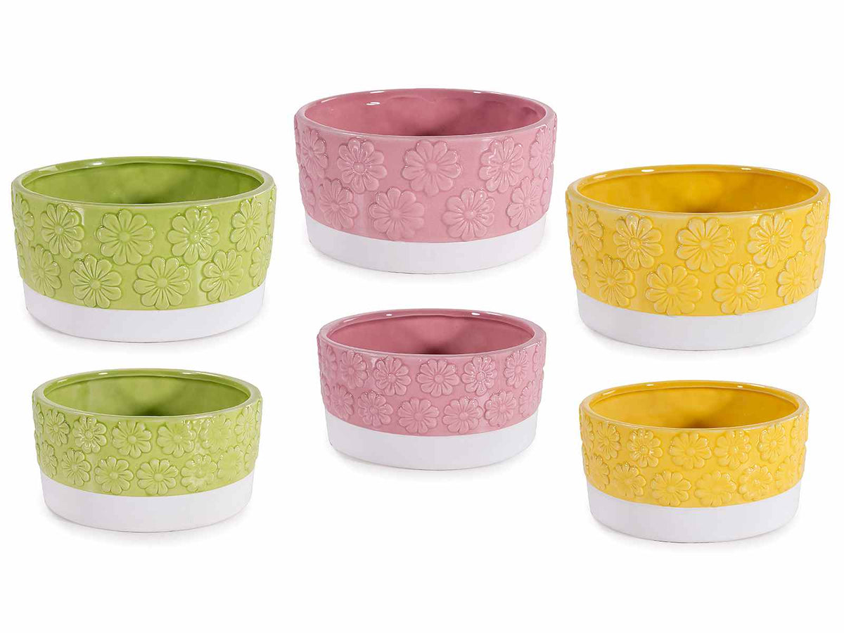 Vasi in ceramica colorata con fiori in rilievo in set da due pezzi, set da 3 pezzi, Grande: Ø 16,5 cm x 8 H