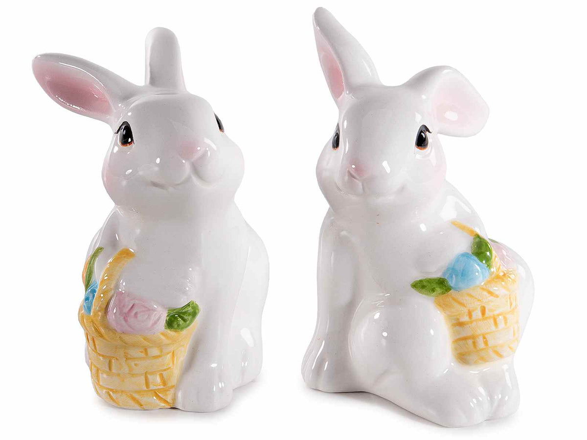 Coniglietti decorativi pasquali in ceramica con cestino di fiori in rilievo, set da 6 pezzi, cm 6 x 7,5 x 9 H