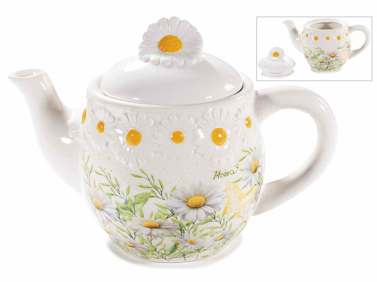 Teiera in ceramica con fiori / margherite decorative in rilievo, set da 2 pezzi, cm 21 x 12 x 14,5 H